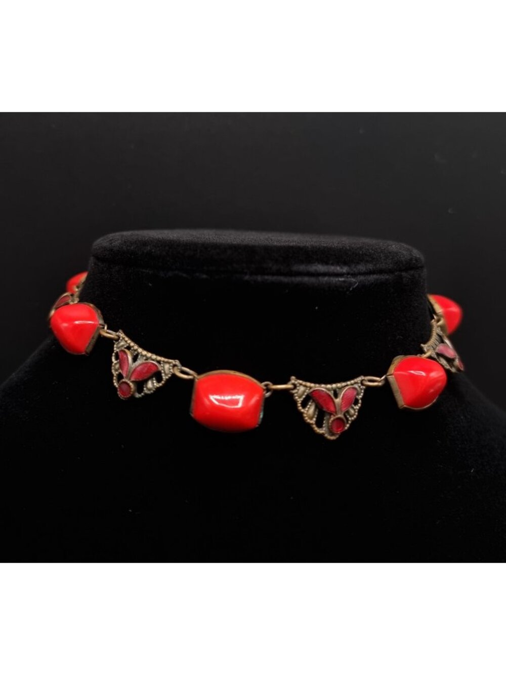 Rare Find Vintage 1920s-1930s Red Glass Choker Necklace With Butterfly Motif